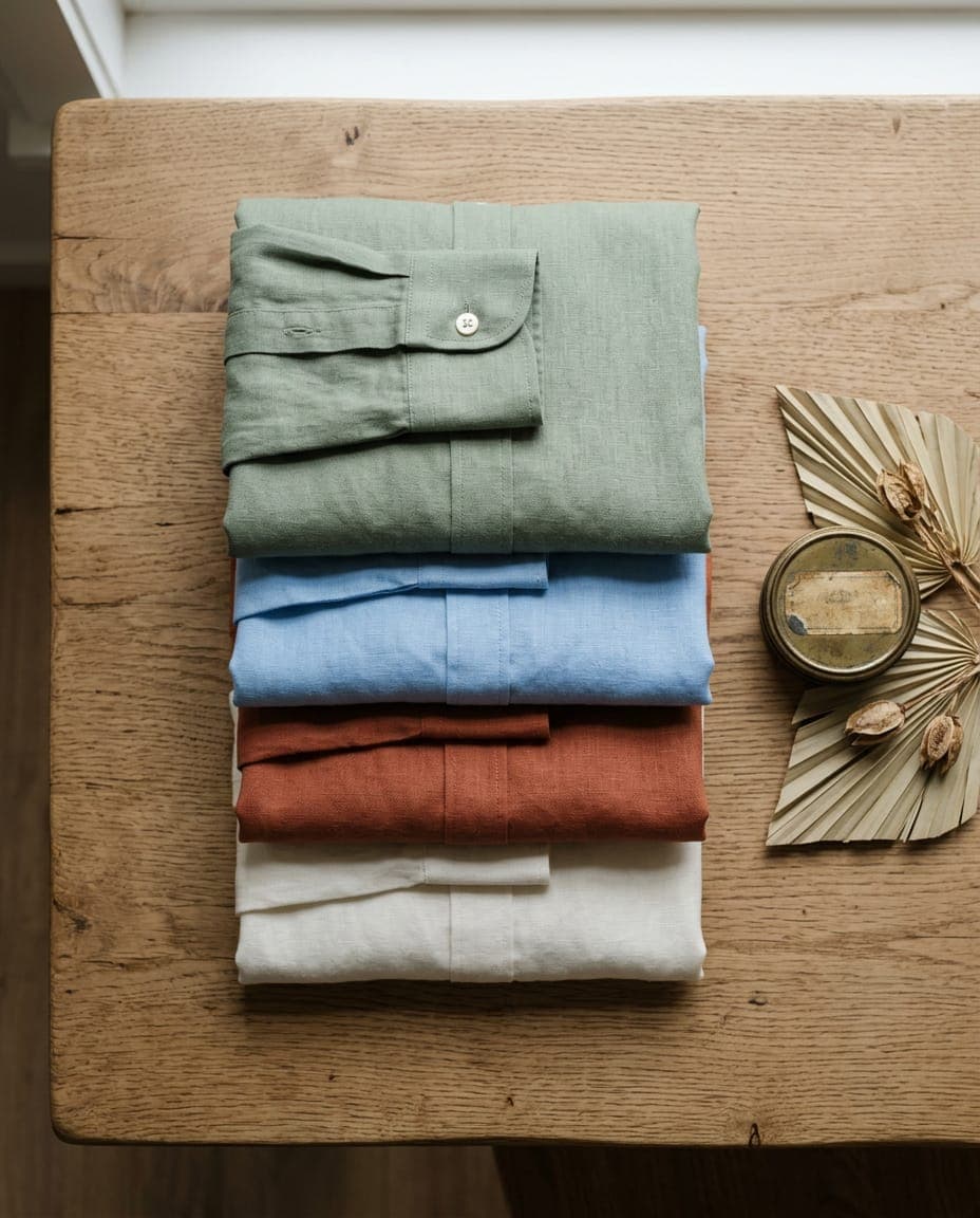 Folded linen shirts in sage, blue, terracotta and ivory