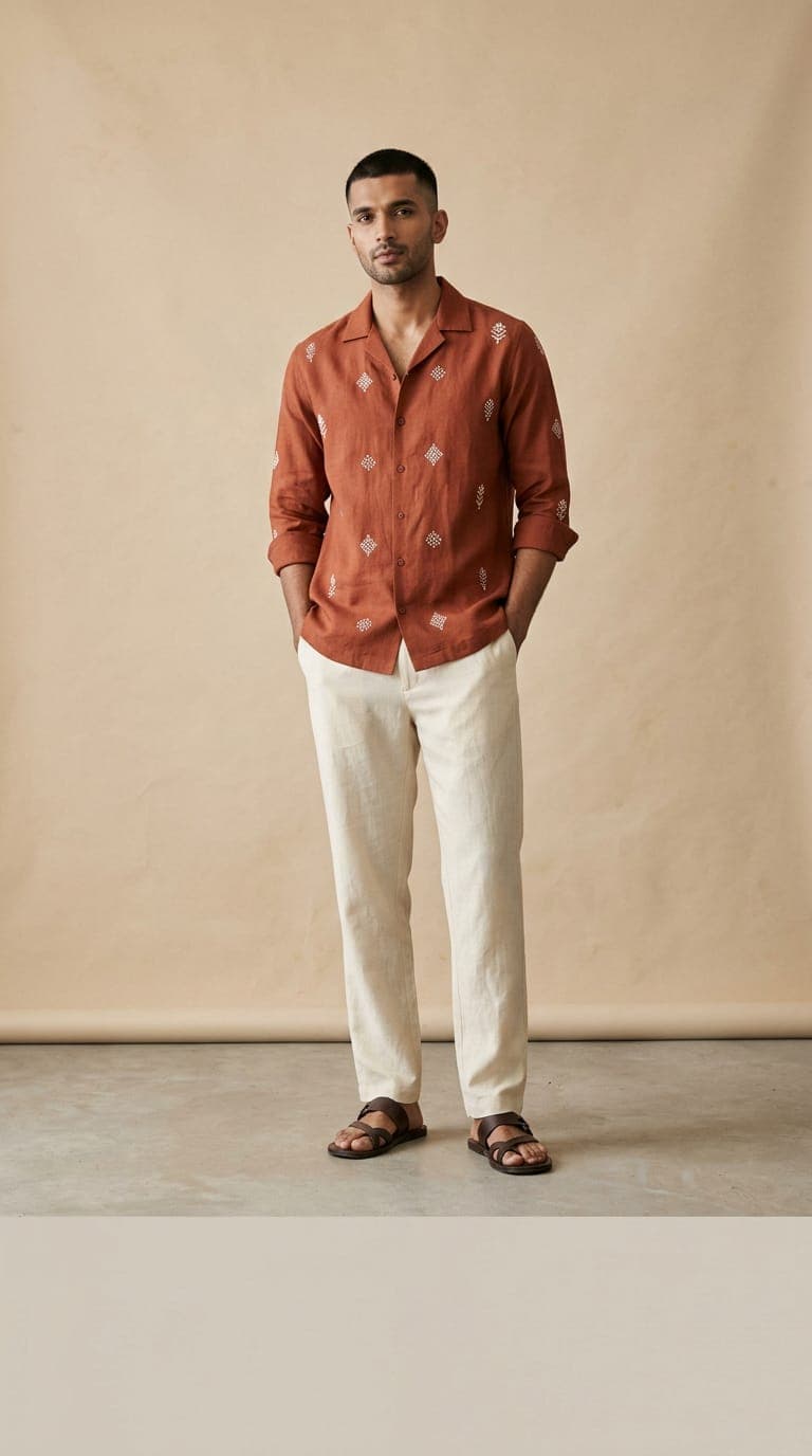Model walking through a sunlit sandstone courtyard in a terracotta embroidered linen shirt