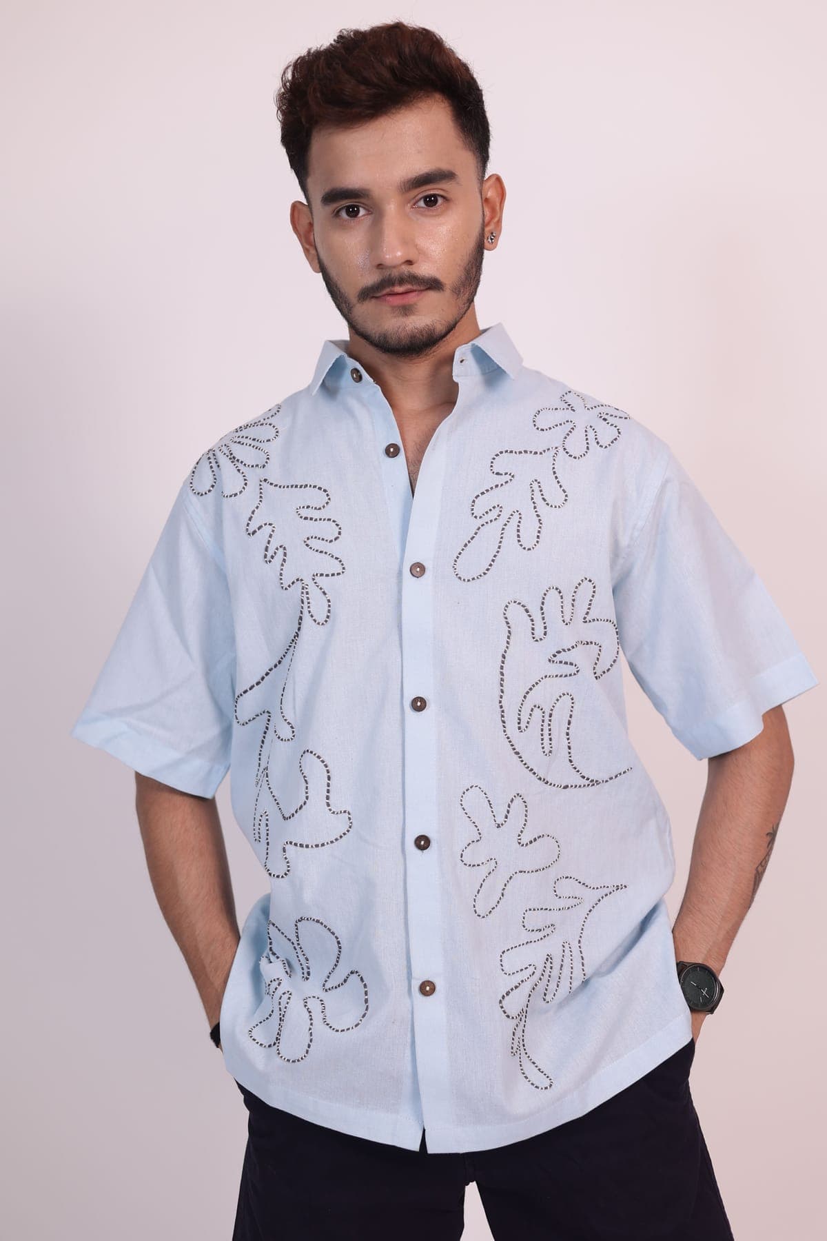 Azure Leaf Hand-Embroidered Shirt view 1