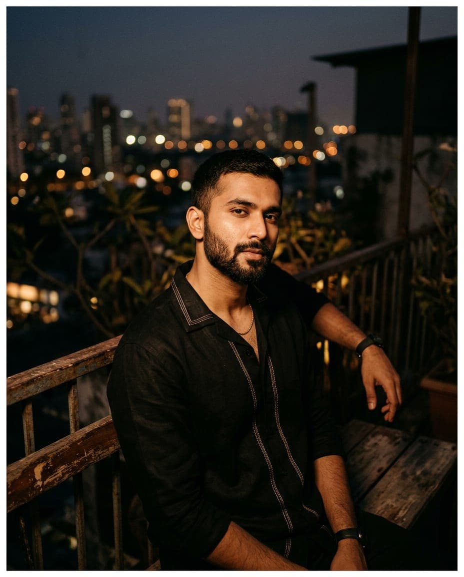 Model in a black linen shirt with gold embroidery on a rooftop at night