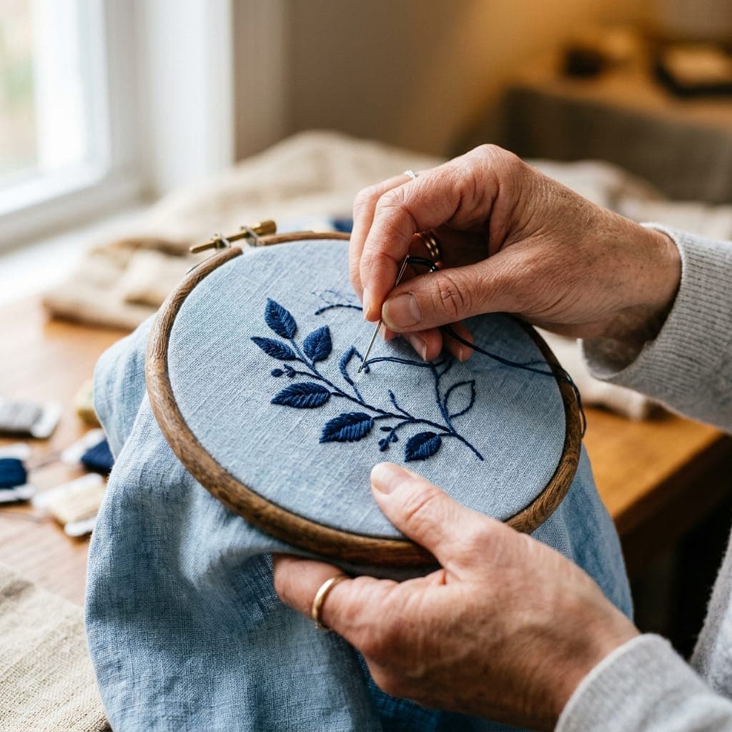 Artisan hand-embroidering a leaf motif on linen