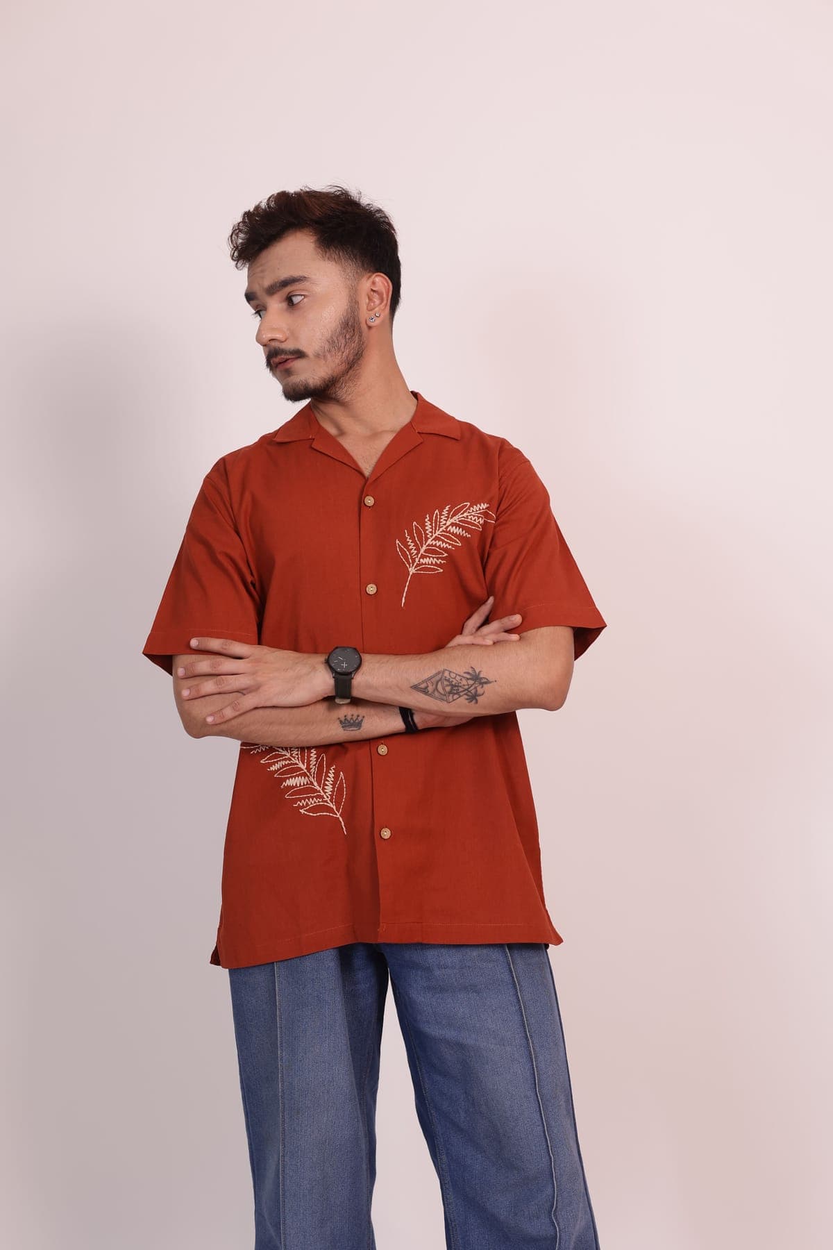 The Bract Hand Embroidered Rust Cotton Linen Shirt view 1