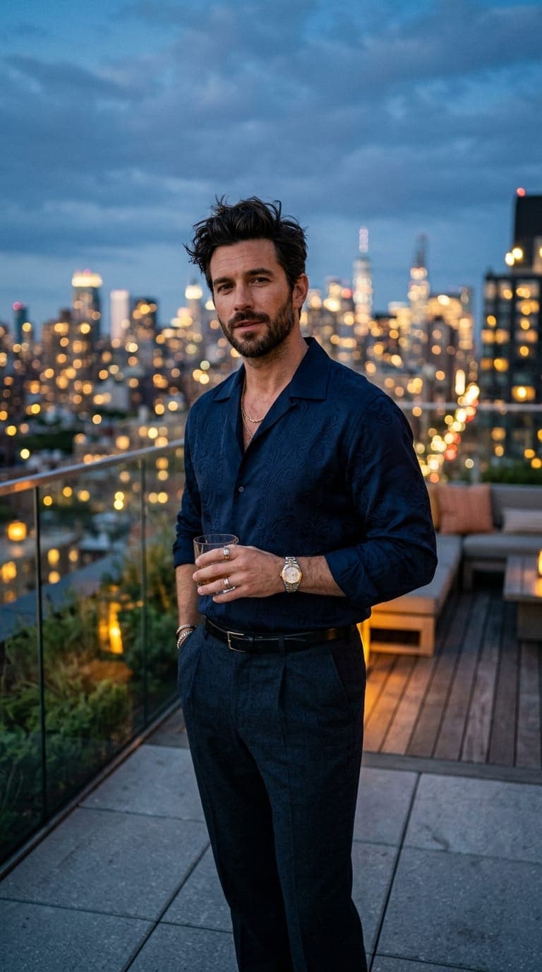 Model on an evening rooftop at dusk in a navy embroidered shirt