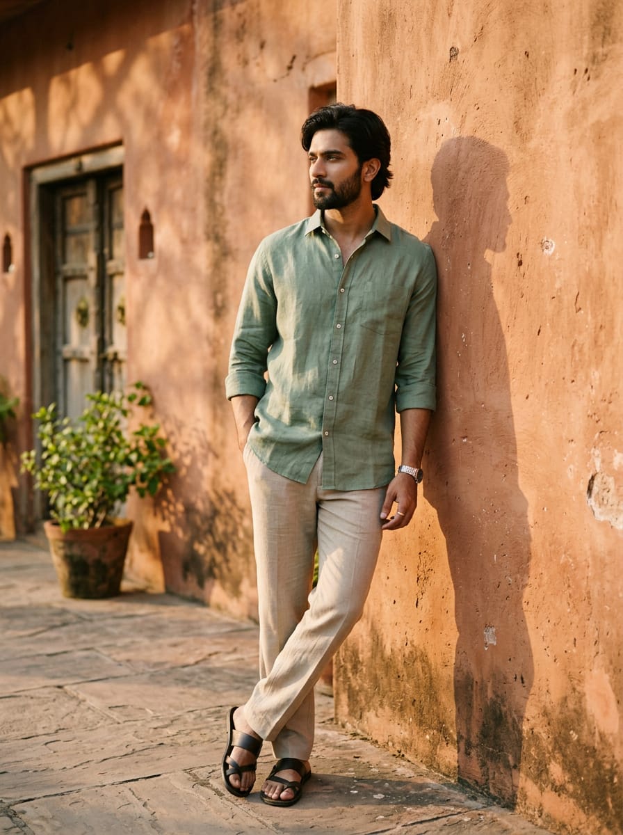 Model in tailored French linen in sunlit courtyard