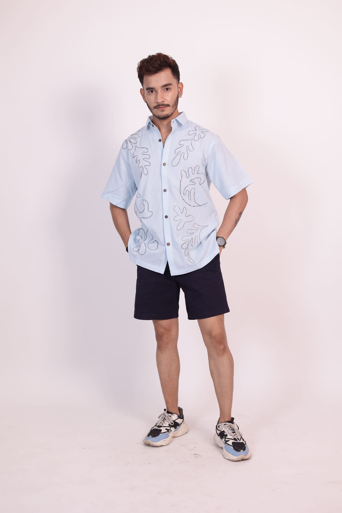 Azure Leaf Hand-Embroidered Shirt view 4