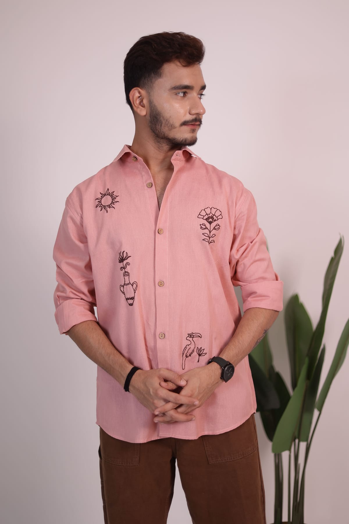 Salmon Pink Hand Embroidered Shirt view 1