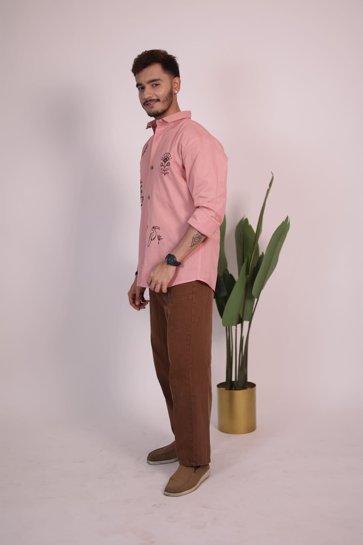 Salmon Pink Hand Embroidered Shirt view 4