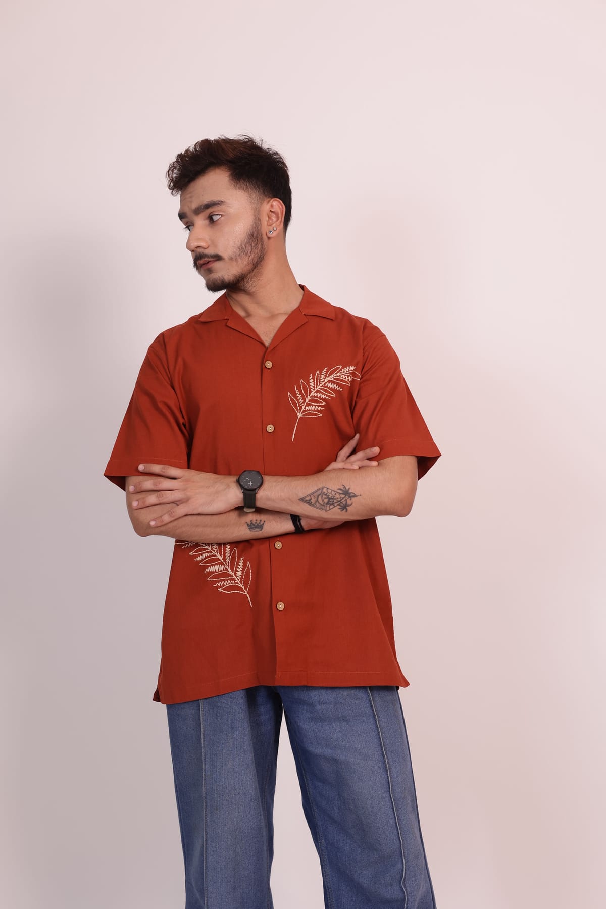 The Bract Hand Embroidered Rust Cotton Linen Shirt view 1