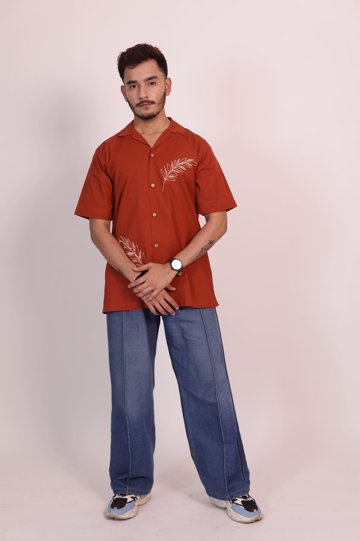 The Bract Hand Embroidered Rust Cotton Linen Shirt view 2