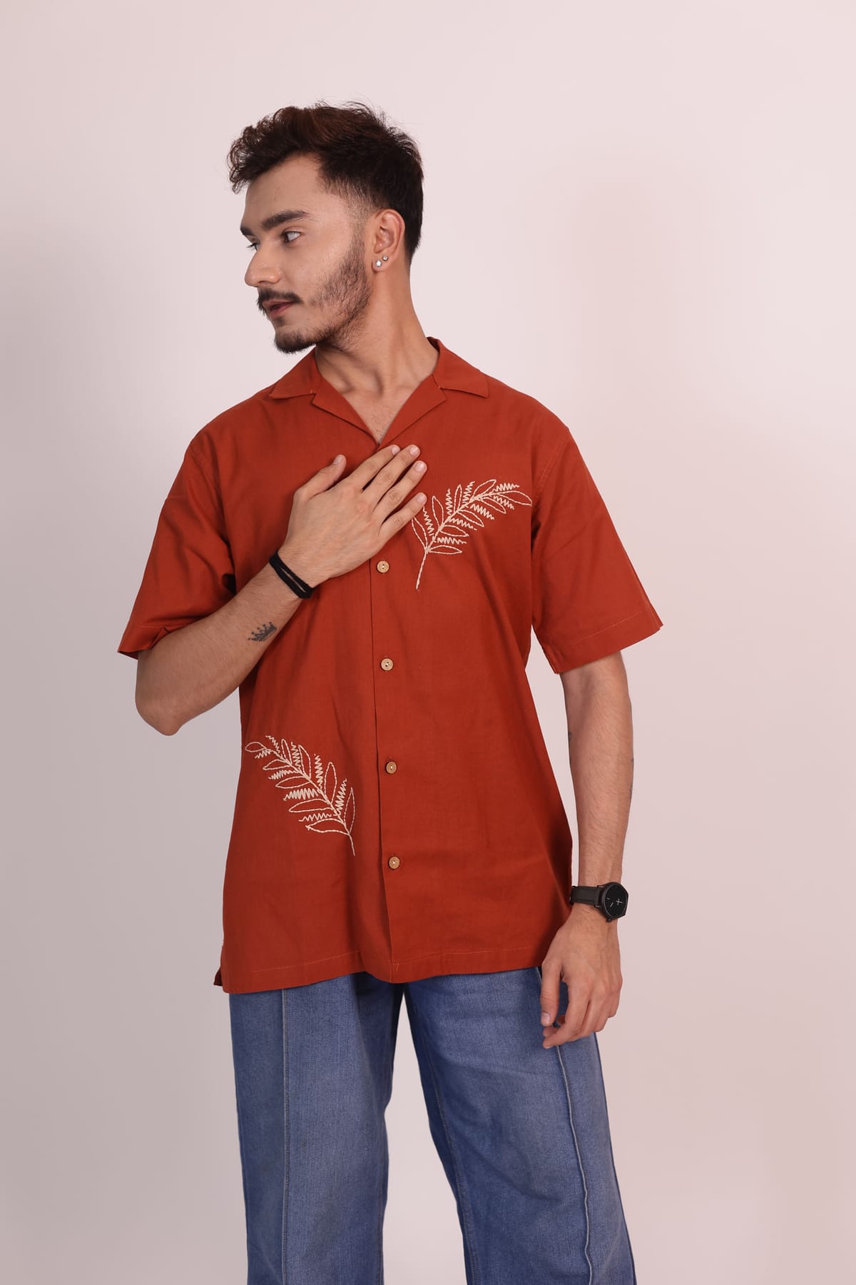 The Bract Hand Embroidered Rust Cotton Linen Shirt view 5